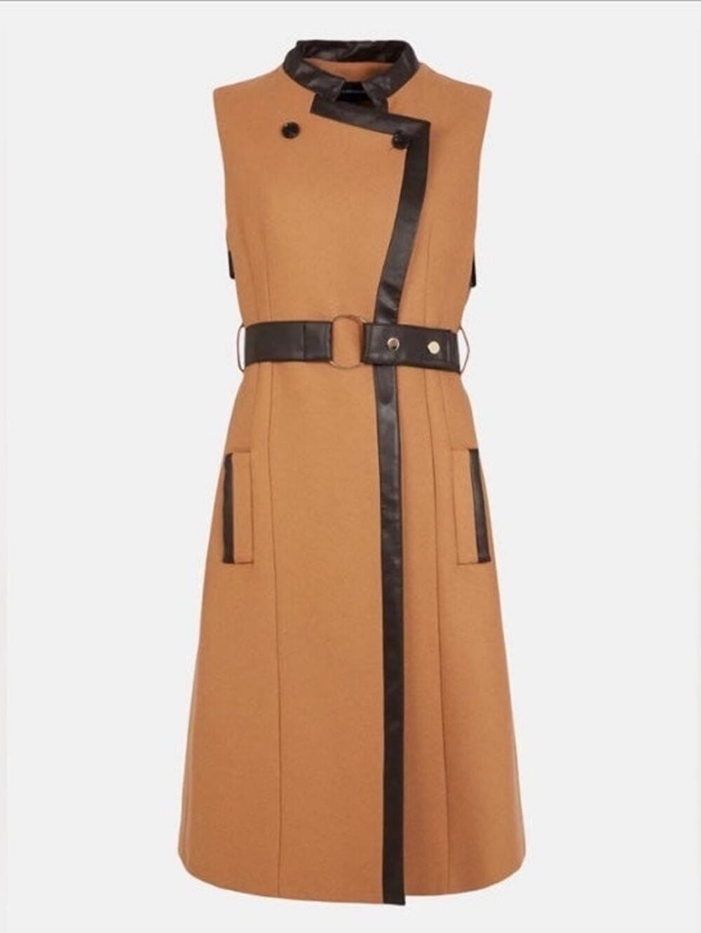 $598 New Karen Millen Camel  Faux Leather Long Vest Sleeveless Trench Wool Sz 10 - Picture 4 of 6